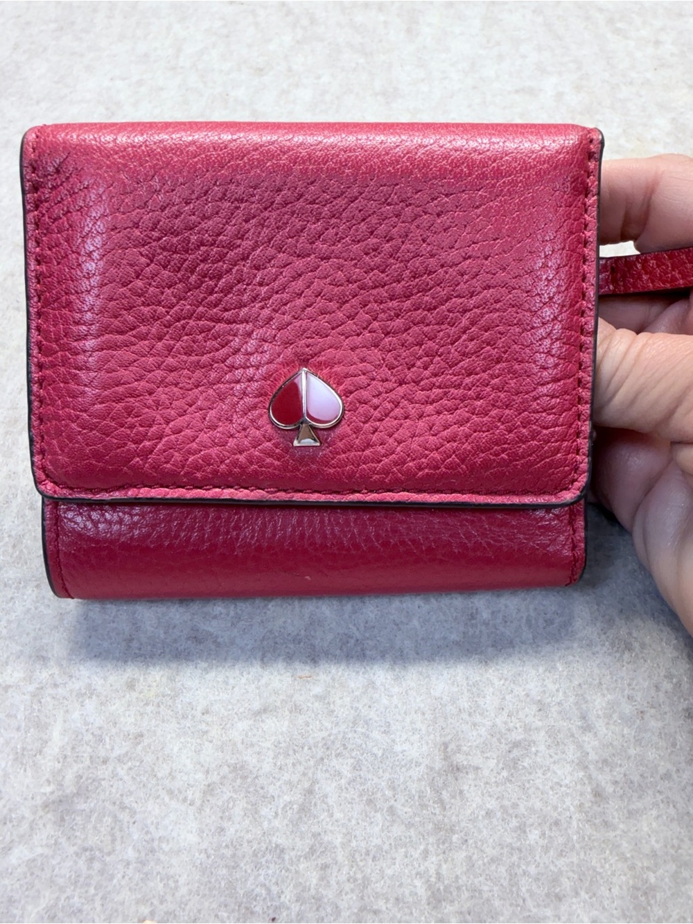Kate Spade Wallet Womens Small Red Pebbled Leather Trifold Enamel Spade Logo